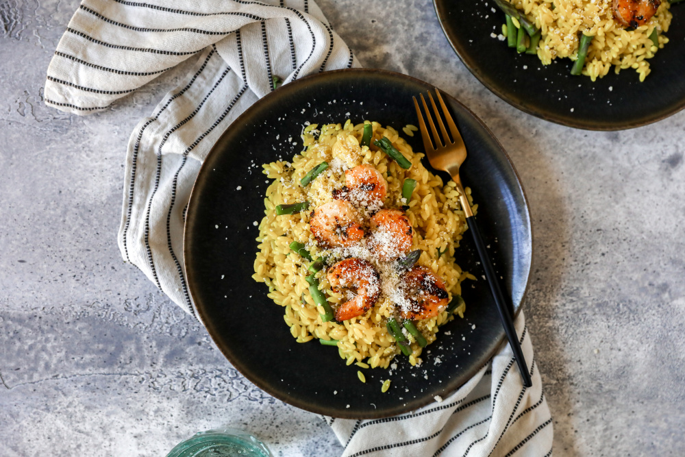 Lemony Orzo with Grilled Shrimp and Asparagus