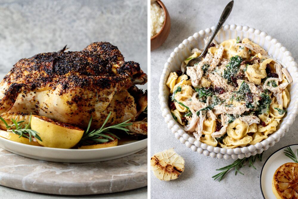 Lemon-Pepper Roasted Chicken and Chicken, Spinach and Sun-Dried Tomato Tortellini 