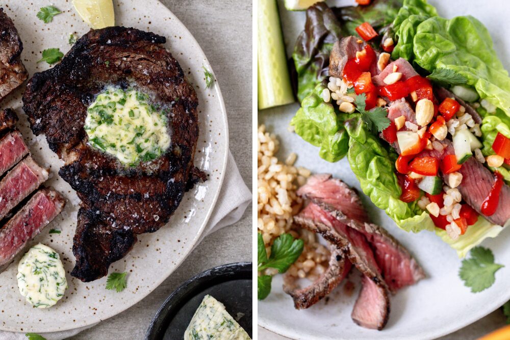 Rib-Eye Steaks with Cilantro-Lime Butter and Spicy Steak Lettuce Wraps