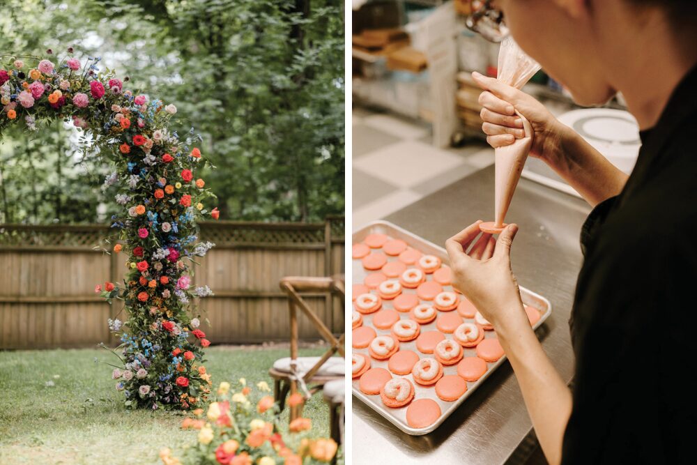 Left: A photo of a floral arch at a wedding; Right: A Pollen & Pastry baker decorating cookies