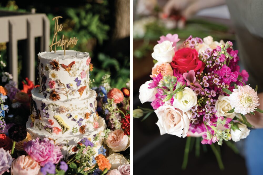 Left picture: Cake with flowers and floral arrangements surrounding it; Right: Floral arrangement from Pollen & Pastry