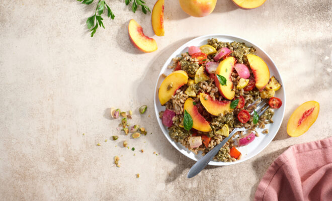 Farro Salad with Peaches and Pistachio Pesto