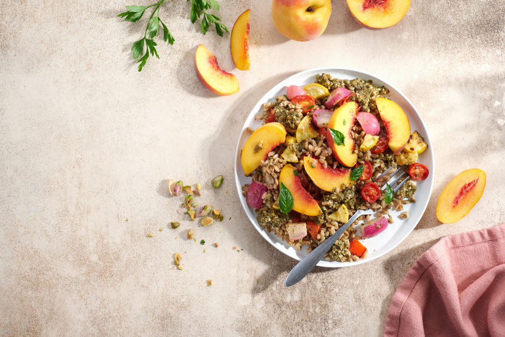 Farro Salad with Peaches and Pistachio Pesto