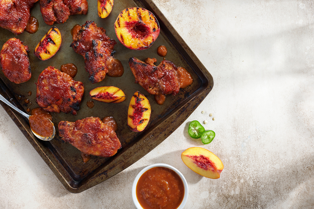 Sheet Pan Chicken Thighs with Peach Barbecue Sauce