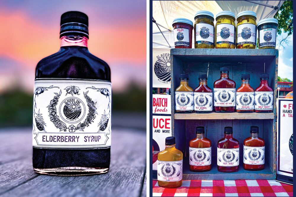 Left photo: Bottle of Glaciers End Elderberry Syrup; Right photo: Shelf with jars of food products from Glaciers end