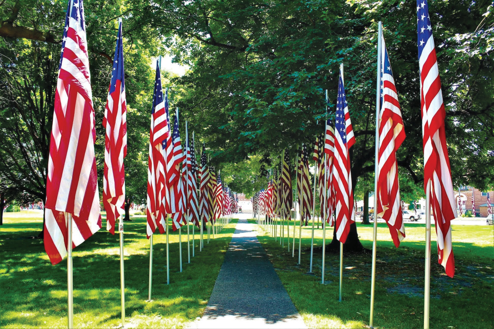 Flags lined up along a path for the Geneseo Aisle of Flags