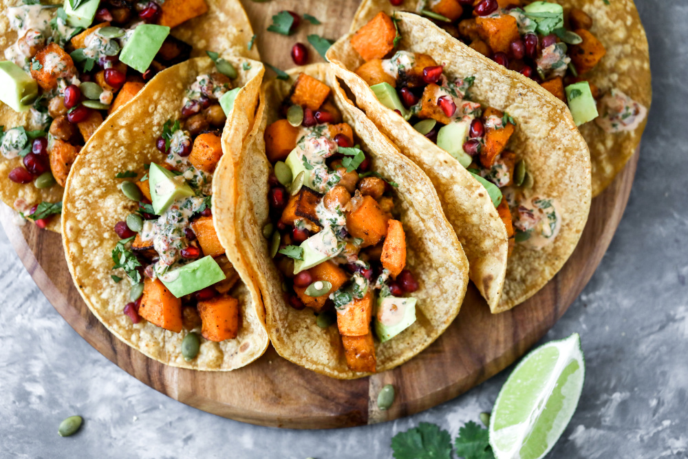 Butternut Squash Tacos with Pumpkin Seeds, Pomegranate and Avocado