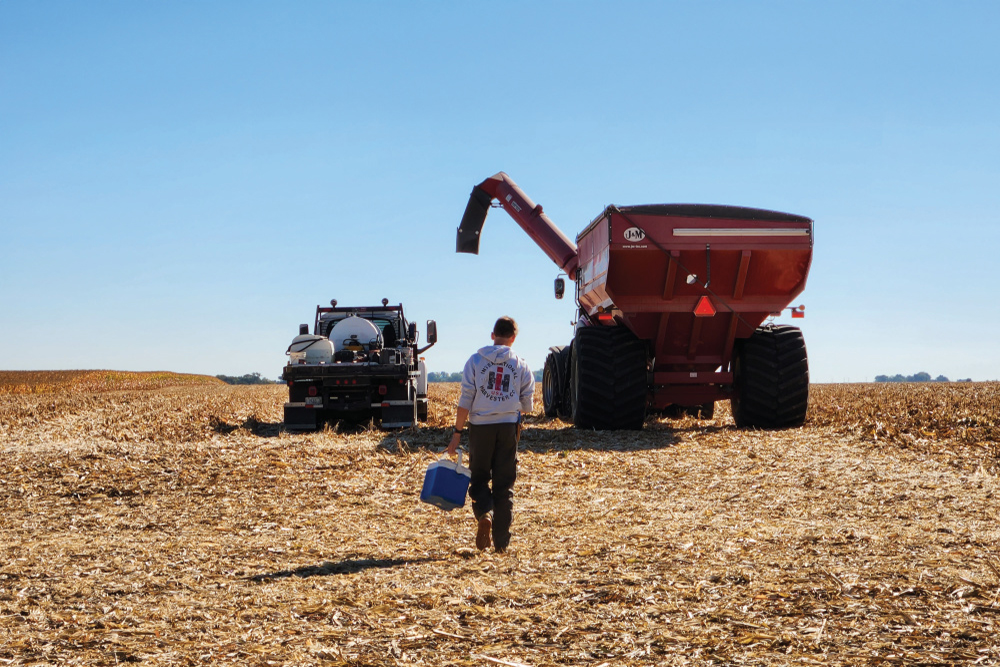 Joanie Stiers' son walking through the field to a combine with a cooler