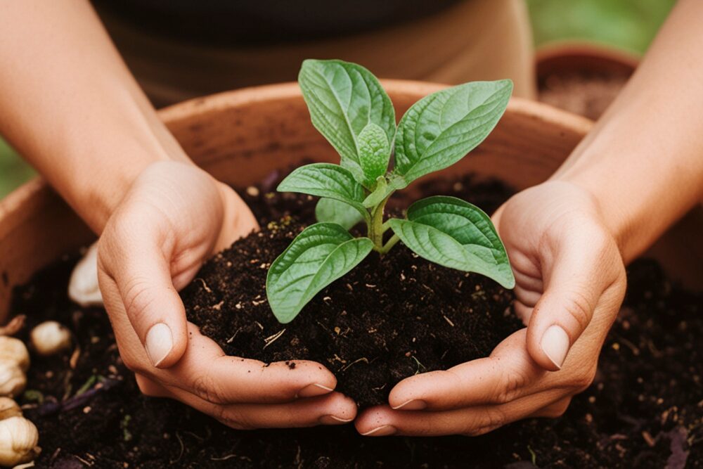 Up-close of someone potting a plant